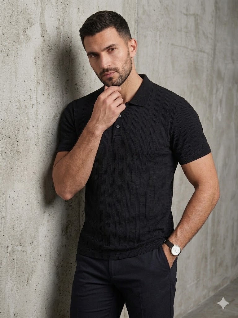 KİP Erkek Siyah Çizgili Dokulu Polo Yaka T-Shirt 10132