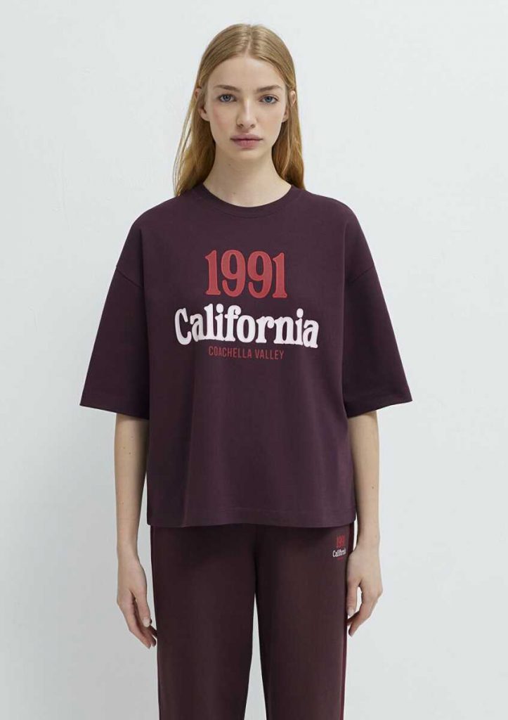 MAVİ California Baskılı Bordo Loose Fit Kadın T-shırt  M161391370223 - Mor