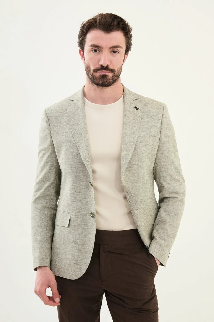 MCR Kırçıllı Slim Fit Mono Yaka Keten Ceket 41453 - HAKİ