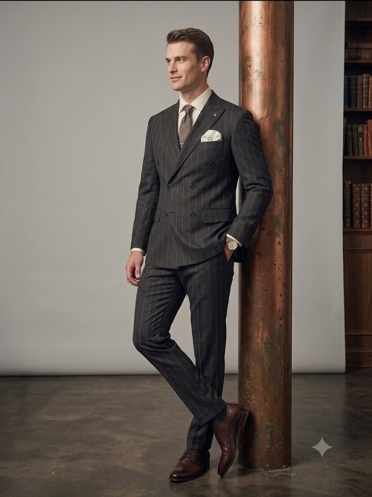 MCR Erkek Slim Fit Çizgili Kruvaze Takım Elbise 45426
