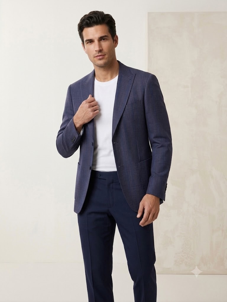 SİR Erkek Slim Fit Lacivert Ekose Blazer Ceket 6102-CR4511