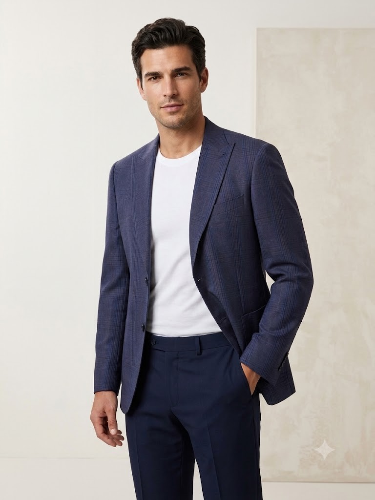 SİR Erkek Slim Fit Lacivert Ekose Blazer Ceket 6102-CR4511