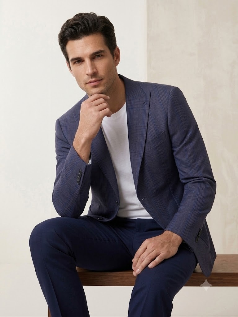 SİR Erkek Slim Fit Lacivert Ekose Blazer Ceket 6102-CR4511