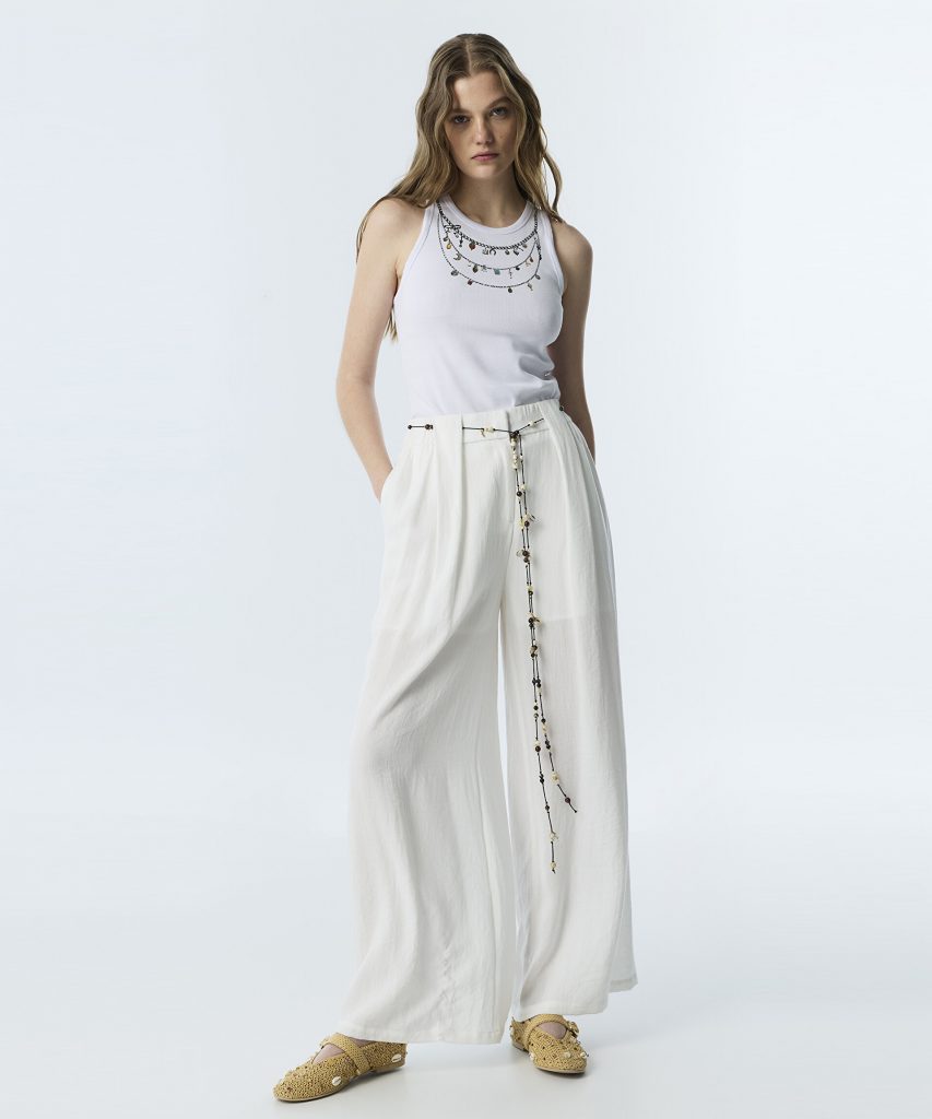 TWIST Boncuklu Kuşaklı Wıde Leg Pantolon TS1260003182 - EKRU