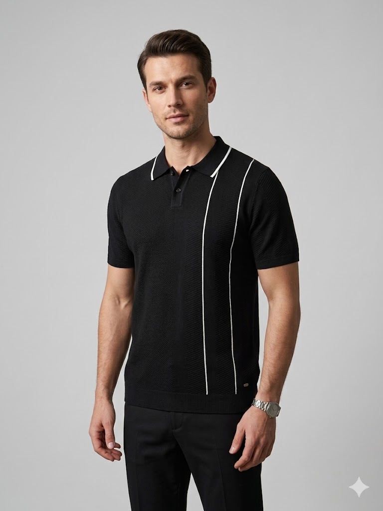 XINT Erkek Polo Yaka Çizgi Detaylı Kısa Kollu Triko T-Shirt 801887