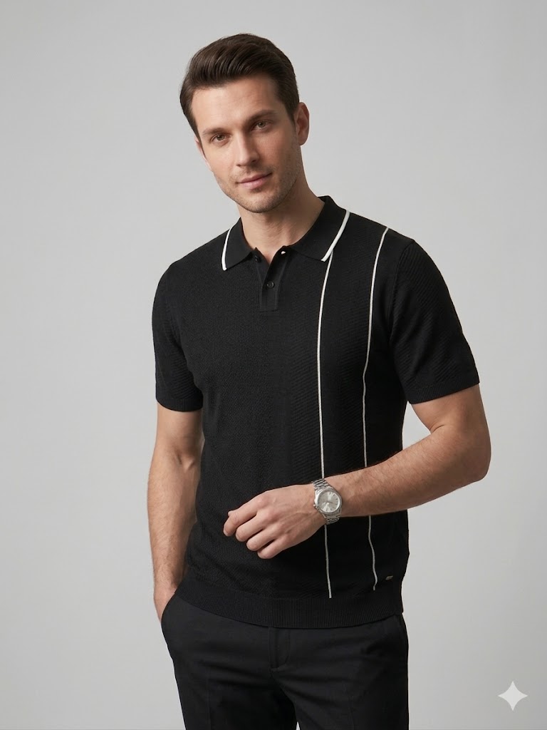 XINT Erkek Polo Yaka Çizgi Detaylı Kısa Kollu Triko T-Shirt 801887