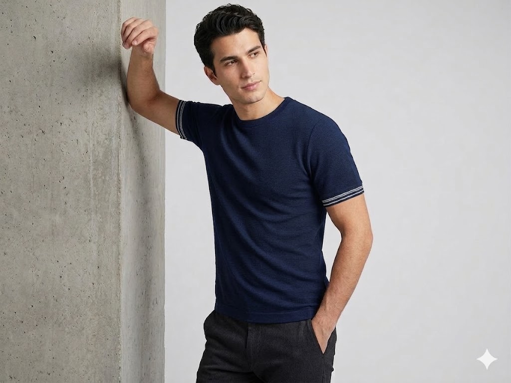 XINT Erkek Kısa Kollu Dokulu Basic T-Shirt 502386 - Lacivert