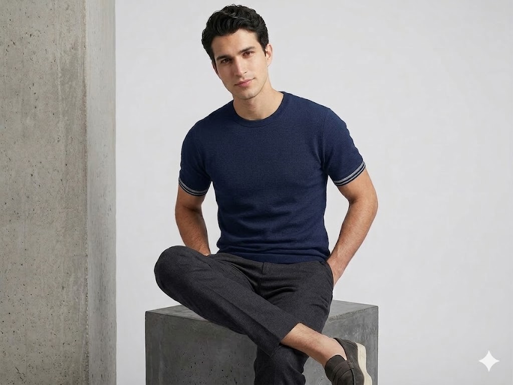 XINT Erkek Kısa Kollu Dokulu Basic T-Shirt 502386 - Lacivert