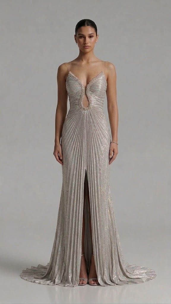 FOR COSTUME Işıltılı Pileli Yırtmaçlı Abiye Elbise 10206 - VİZON