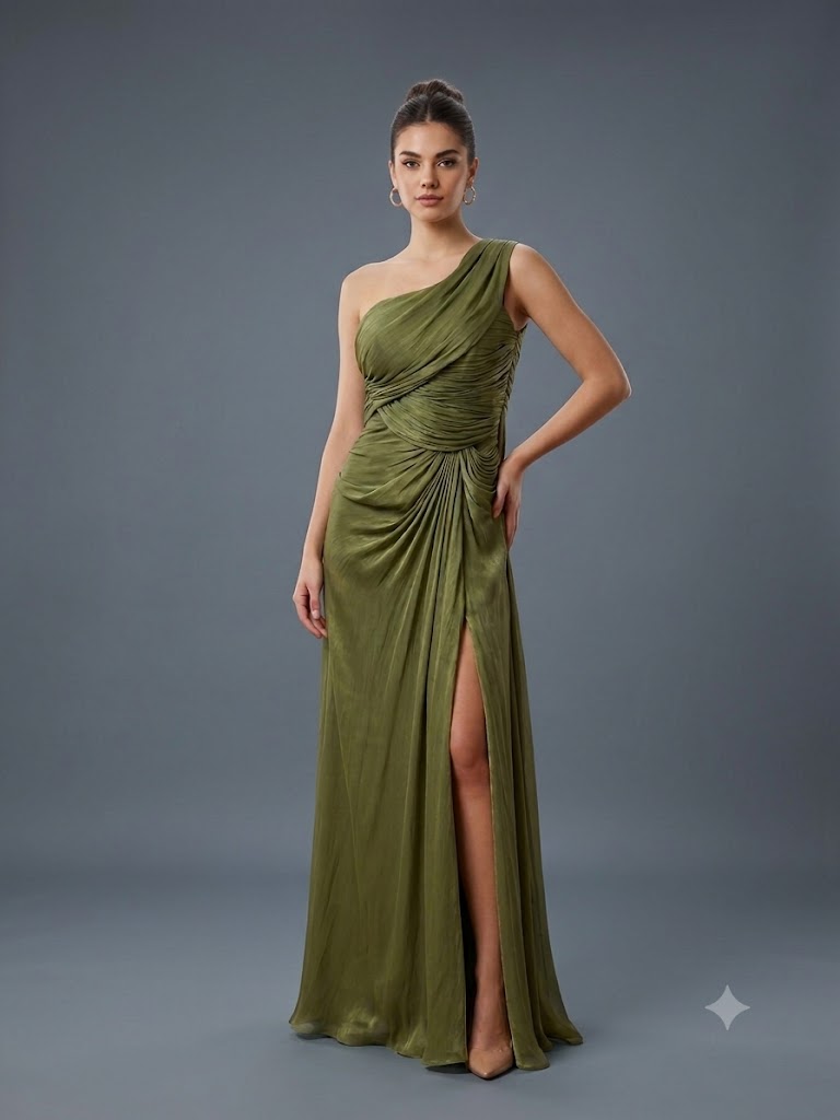 FOR COSTUME Tek Omuz Saten Görünümlü Drape Detaylı Yırtmaçlı Abiye Elbise 10563 - HAKİ
