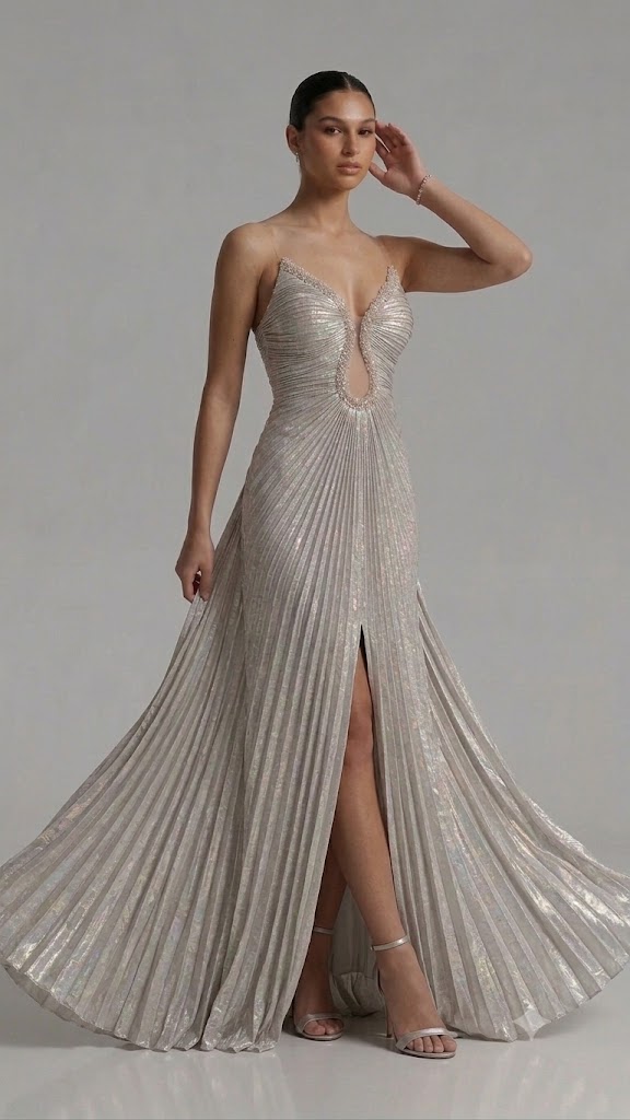 FOR COSTUME Işıltılı Pileli Yırtmaçlı Abiye Elbise 10206 - VİZON