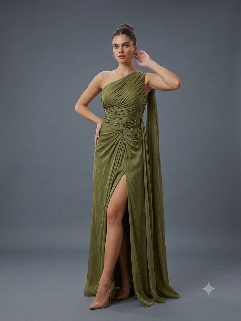 FOR COSTUME Tek Omuz Saten Görünümlü Drape Detaylı Yırtmaçlı Abiye Elbise 10563 - HAKİ