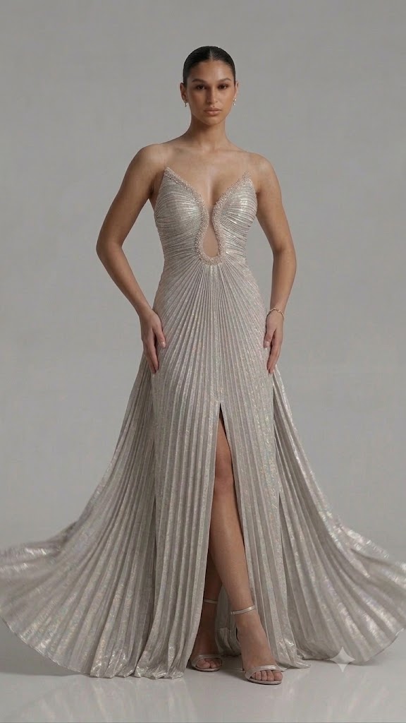 FOR COSTUME Işıltılı Pileli Yırtmaçlı Abiye Elbise 10206 - VİZON