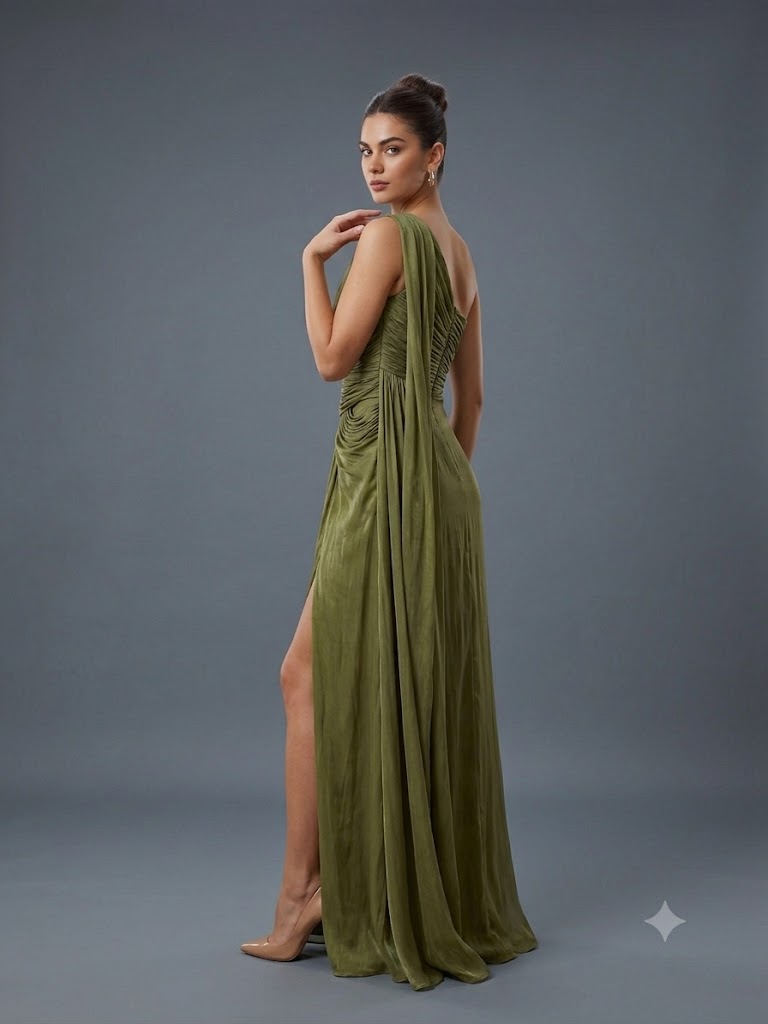 FOR COSTUME Tek Omuz Saten Görünümlü Drape Detaylı Yırtmaçlı Abiye Elbise 10563 - HAKİ
