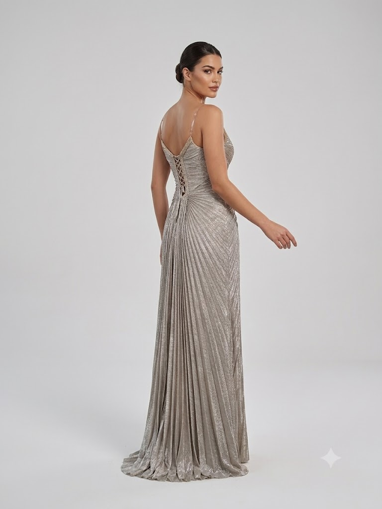 FOR COSTUME Işıltılı Pileli Yırtmaçlı Abiye Elbise 10206 - VİZON