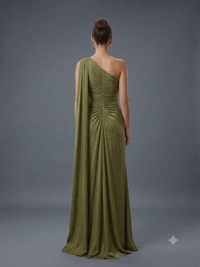 FOR COSTUME Tek Omuz Saten Görünümlü Drape Detaylı Yırtmaçlı Abiye Elbise 10563 - HAKİ