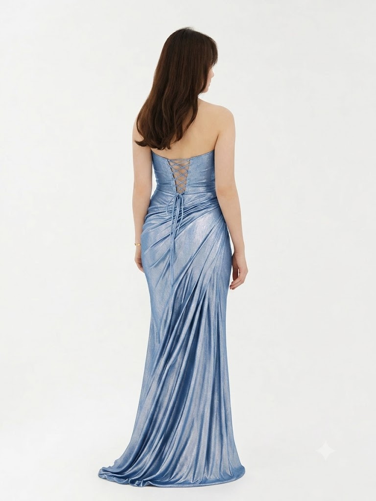 FOR COSTUME Bronz Metalik Görünümlü Tek Omuz Drapeli Abiye 10370 - MAVİ