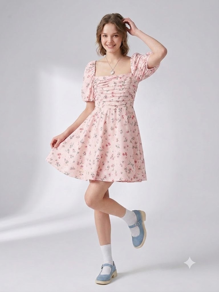 BEETHOVEN Çiçek Desenli Kare Yaka Mini Elbise 8358 - pembe