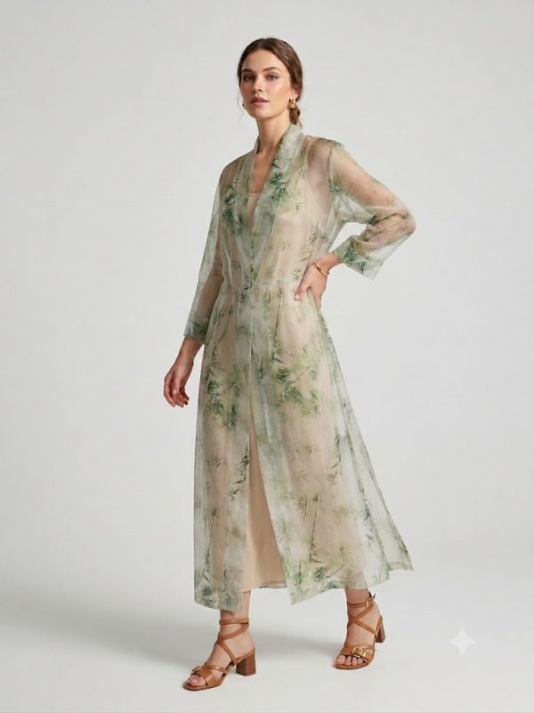 BIZE FASHION Bambu Desenli Transparan Tül Kimono Elbise 1124