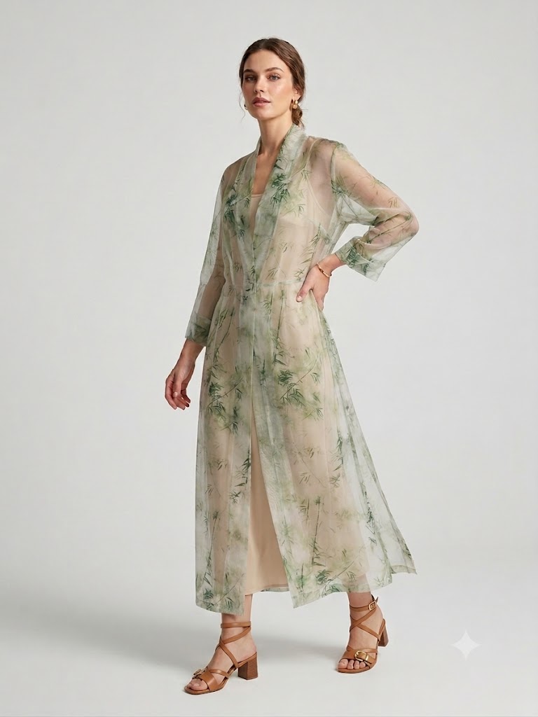 BIZE FASHION Bambu Desenli Transparan Tül Kimono Elbise 1124 - EKRU