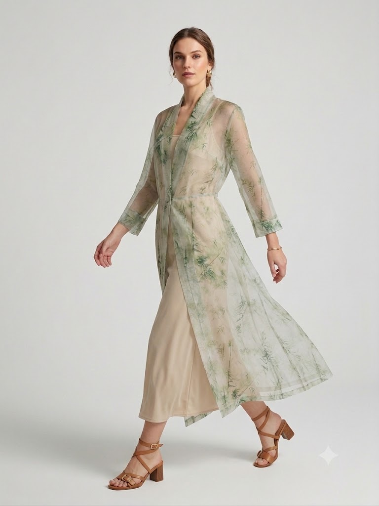 BIZE FASHION Bambu Desenli Transparan Tül Kimono Elbise 1124 - EKRU