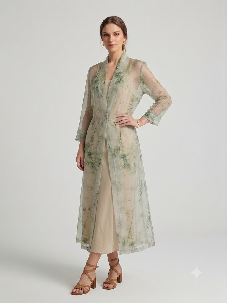 BIZE FASHION Bambu Desenli Transparan Tül Kimono Elbise 1124 - EKRU