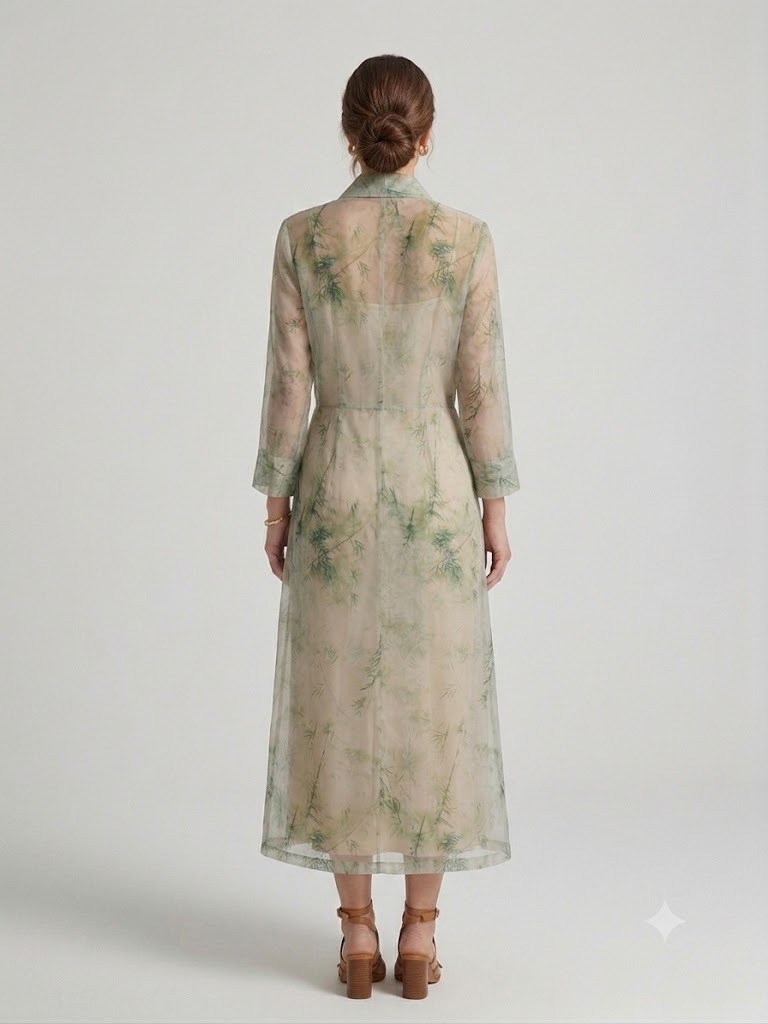 BIZE FASHION Bambu Desenli Transparan Tül Kimono Elbise 1124 - EKRU