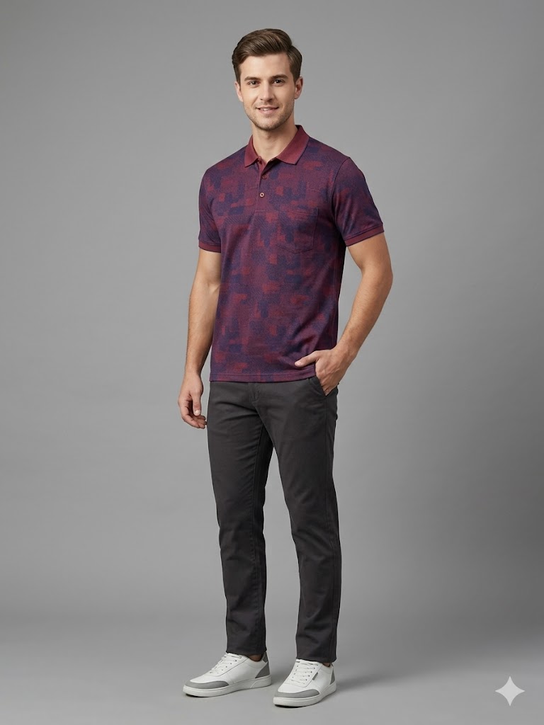 Centilmen Erkek Polo Yaka Kendinden Desenli Rahat Kalıp T-Shirt 2417504 - bordo