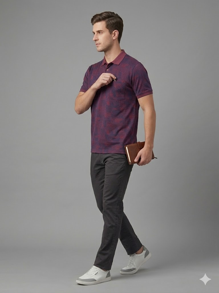 Centilmen Erkek Polo Yaka Kendinden Desenli Rahat Kalıp T-Shirt 2417504 - bordo