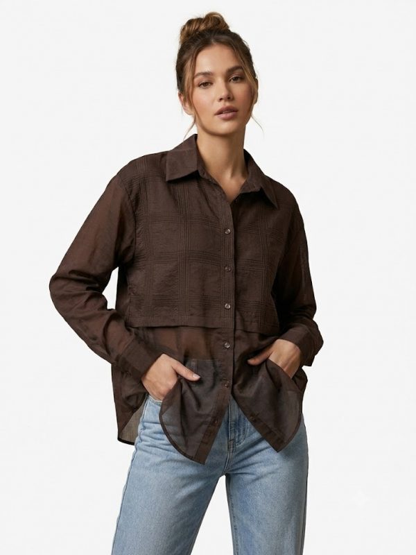 DOSSO DOSSİ Şeffaf Detaylı Kare Dokulu Oversize Gömlek  3877