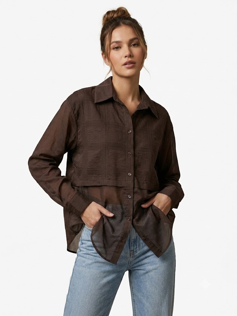 DOSSO DOSSİ Şeffaf Detaylı Kare Dokulu Oversize Gömlek  3877