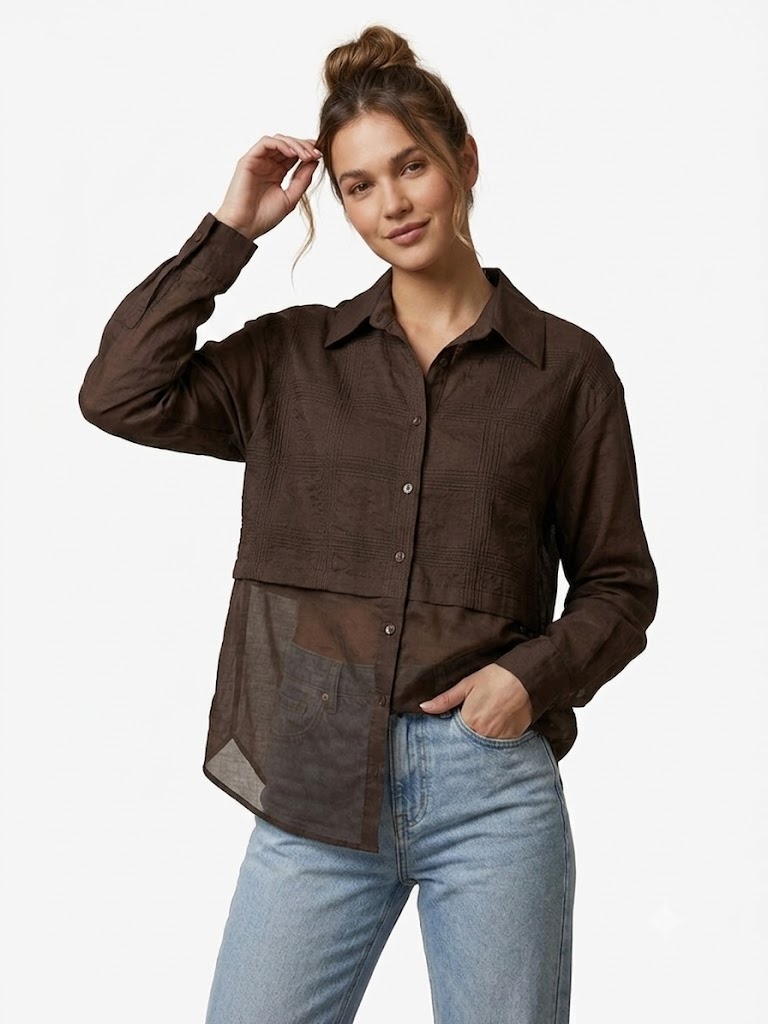 DOSSO DOSSİ Şeffaf Detaylı Kare Dokulu Oversize Gömlek  3877