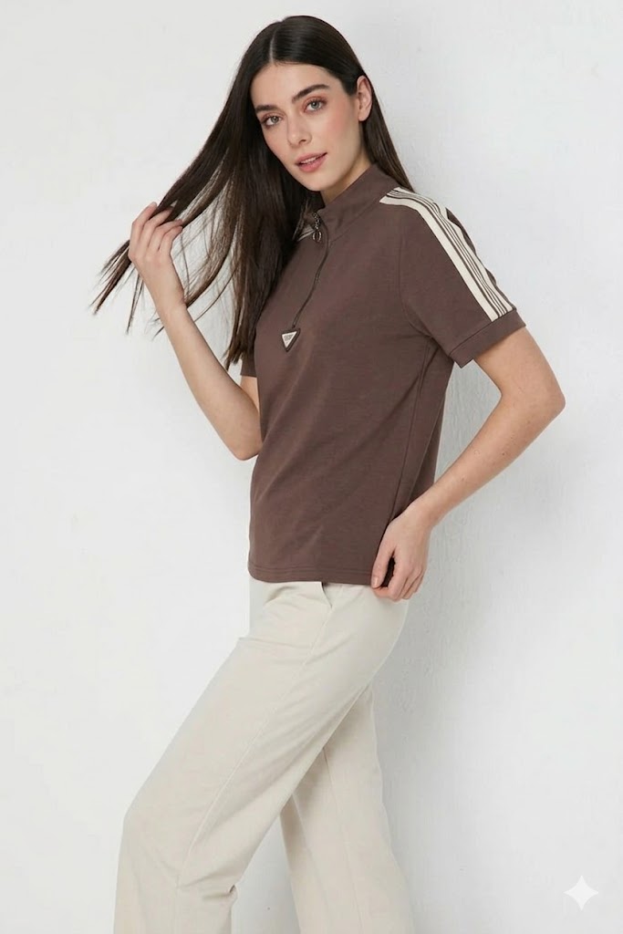ON TRİKO Fermuar Detaylı T-shirt 76335 - kahve