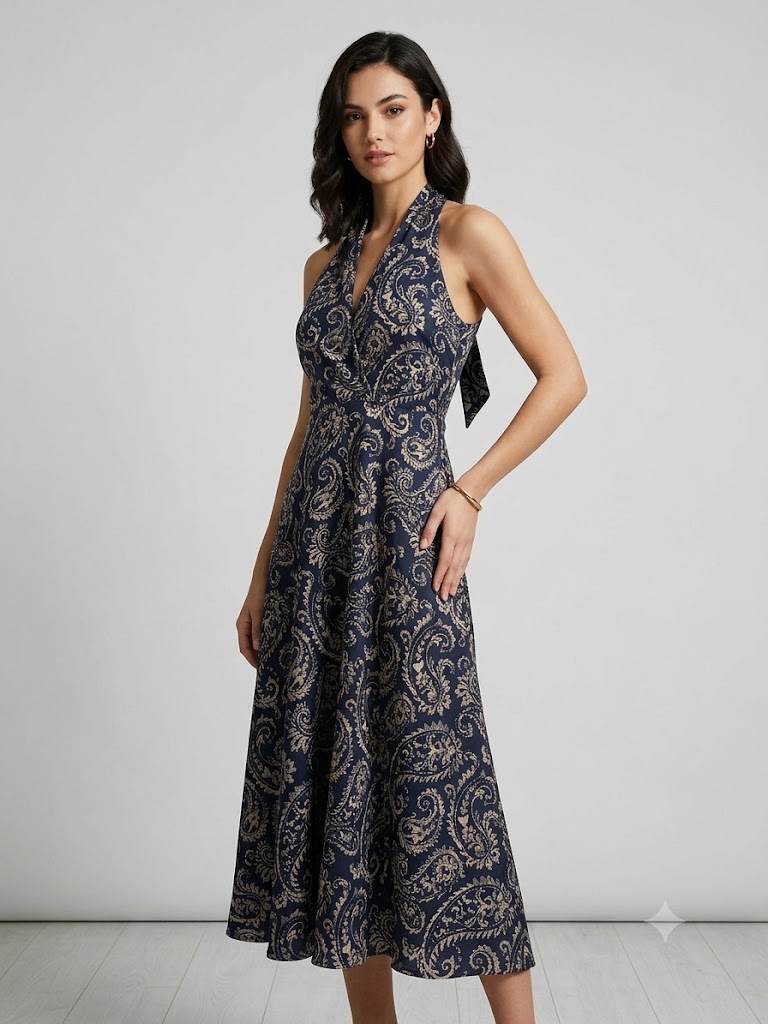 EKOL Desenli Halter Yaka Elbise 6122 - Lacivert