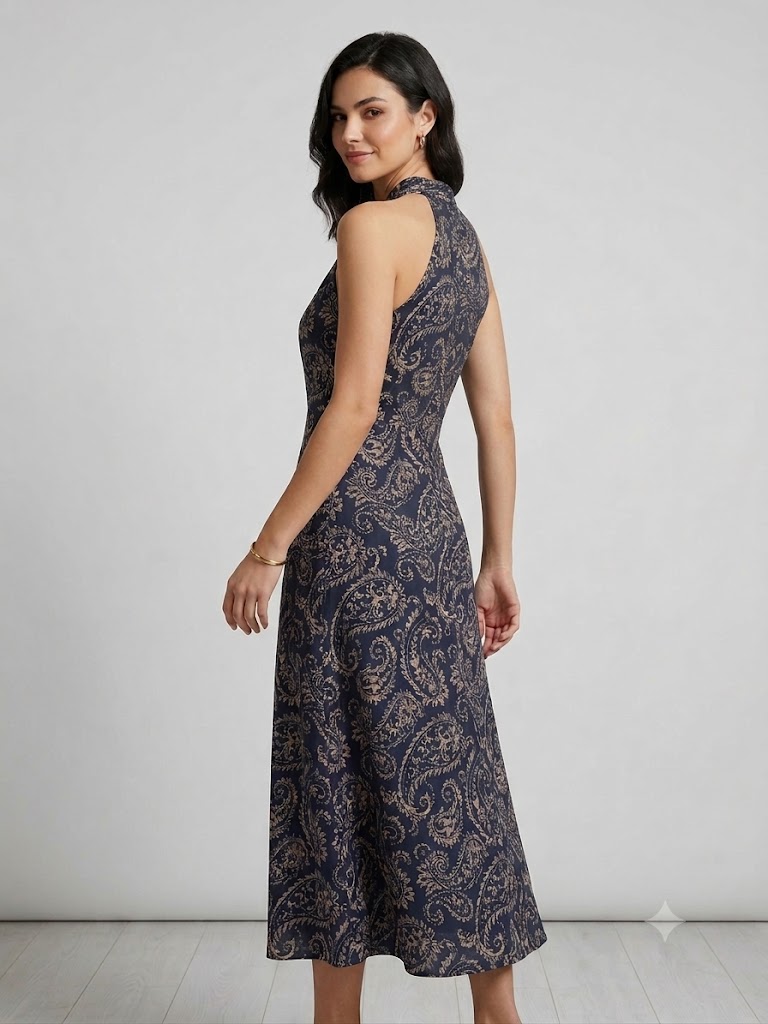 EKOL Desenli Halter Yaka Elbise 6122 - Lacivert