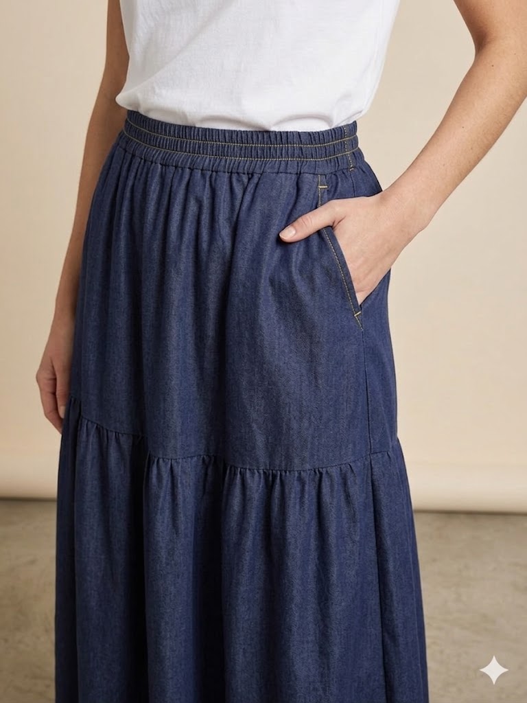 EKOL Kat Detaylı Lastikli Denim Etek 3036