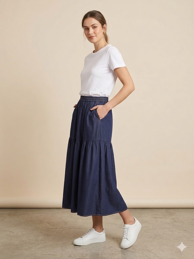 EKOL Kat Detaylı Lastikli Denim Etek 3036