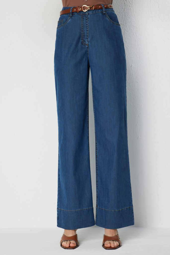 EKOL  Beli Kemerli Bol Paça Pantolon 4158 - İNDİGO