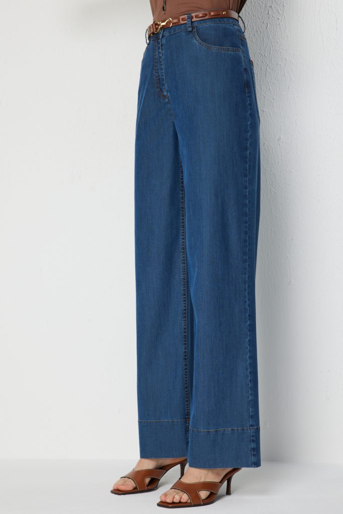 EKOL  Beli Kemerli Bol Paça Pantolon 4158 - İNDİGO