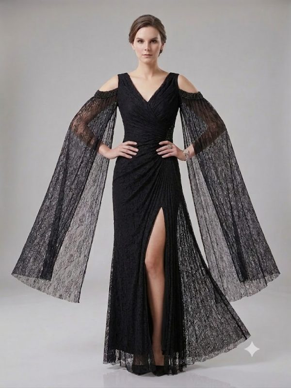 FOR COSTUME Kadın Dantel Detaylı Uzun Kollu Yırtmaçlı Abiye Elbise 0837
