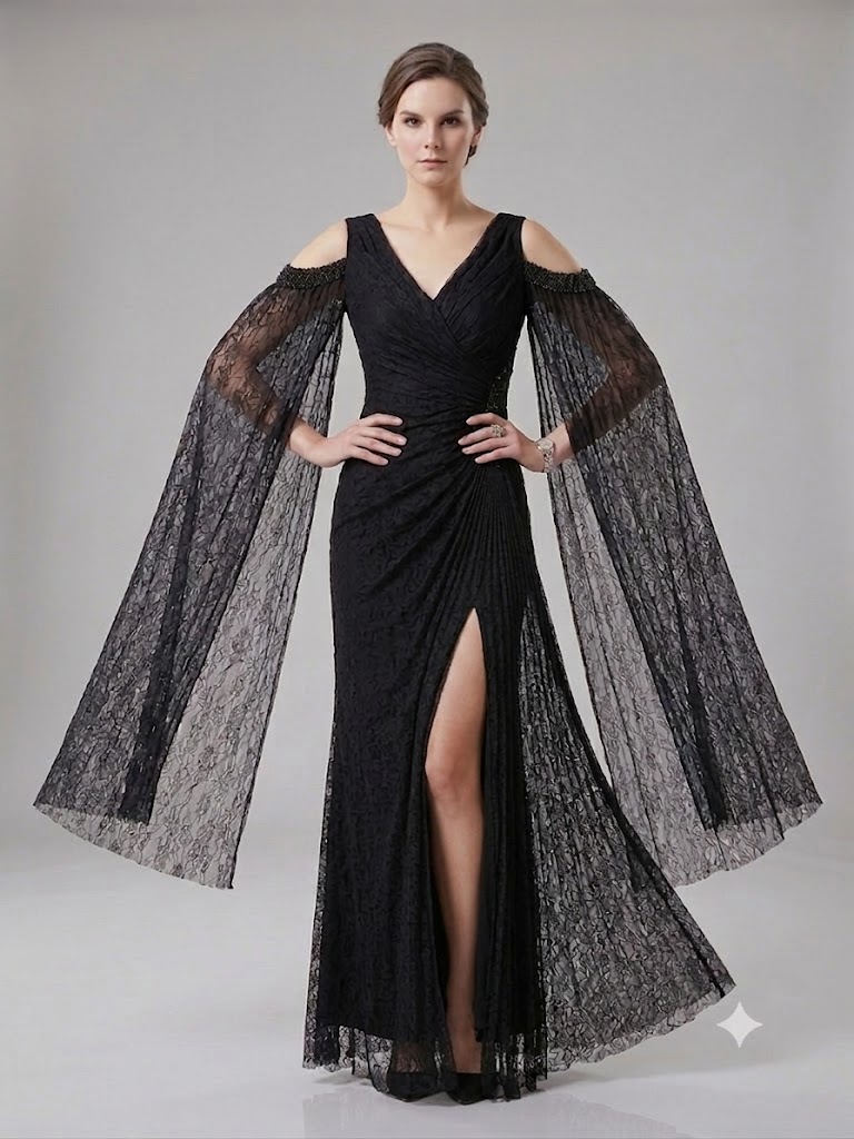 FOR COSTUME Kadın Dantel Detaylı Uzun Kollu Yırtmaçlı Abiye Elbise 0837 - Siyah