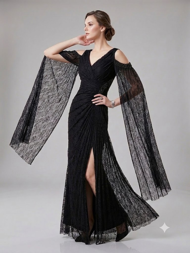 FOR COSTUME Kadın Dantel Detaylı Uzun Kollu Yırtmaçlı Abiye Elbise 0837 - Siyah
