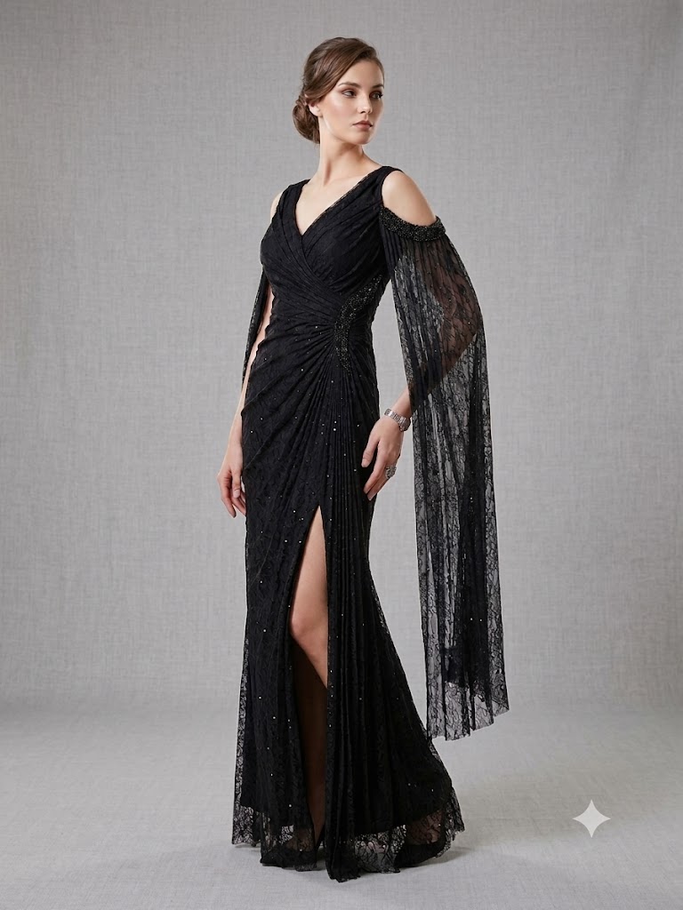 FOR COSTUME Kadın Dantel Detaylı Uzun Kollu Yırtmaçlı Abiye Elbise 0837 - Siyah