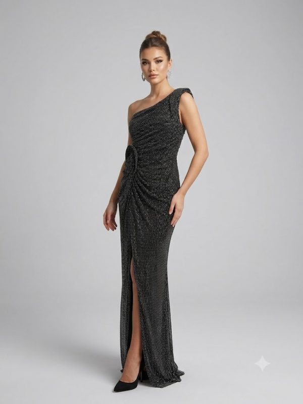 FOR COSTUME Tek Omuz Simli Yırtmaçlı Uzun Abiye Elbise 0876
