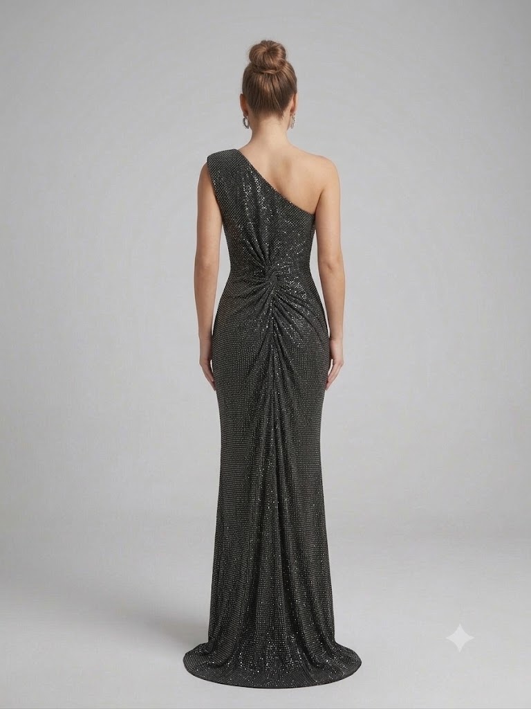 FOR COSTUME Tek Omuz Simli Yırtmaçlı Uzun Abiye Elbise 0876 - ANTRASİT
