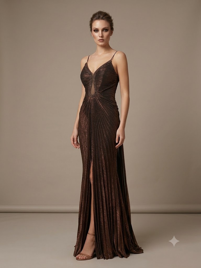 FOR COSTUME Işıltılı Pileli Yırtmaçlı Abiye Elbise 10206 - BAKIR