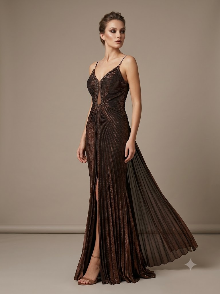 FOR COSTUME Işıltılı Pileli Yırtmaçlı Abiye Elbise 10206 - BAKIR