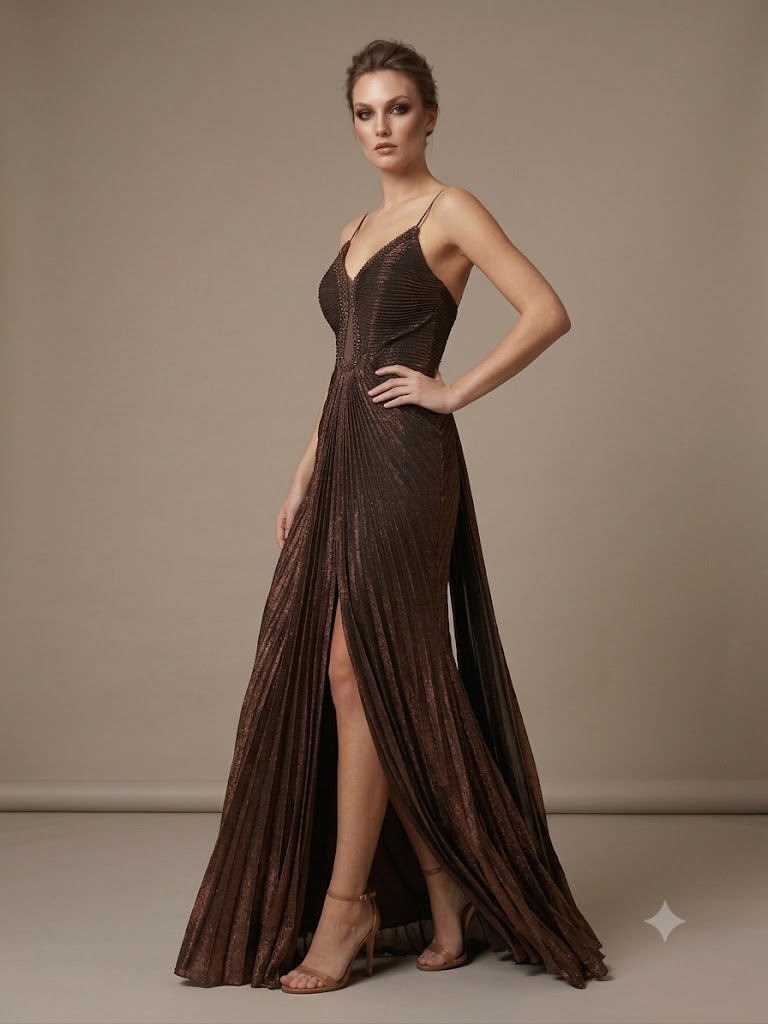 FOR COSTUME Işıltılı Pileli Yırtmaçlı Abiye Elbise 10206 - BAKIR
