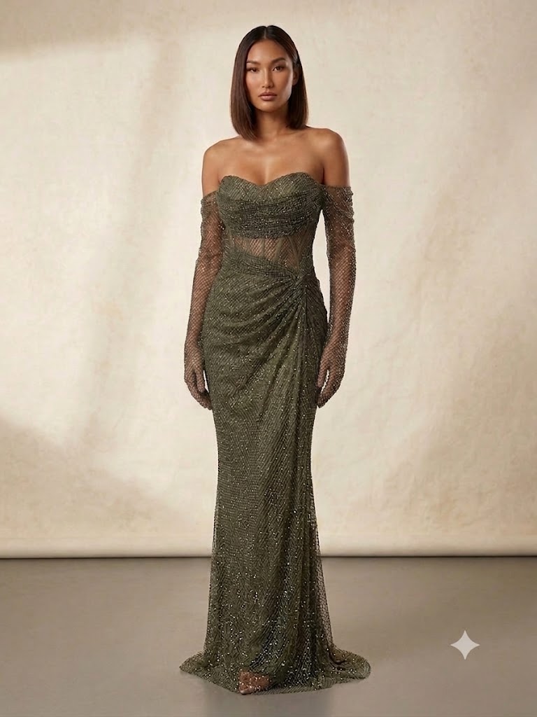 FOR COSTUME Düşük Omuz Kalp Yaka Transparan Korseli Eldiven Detaylı Abiye Elbise 10344 - HAKİ