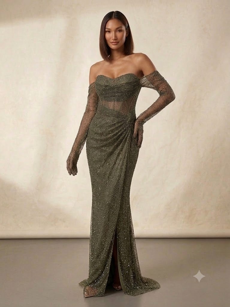 FOR COSTUME Düşük Omuz Kalp Yaka Transparan Korseli Eldiven Detaylı Abiye Elbise 10344 - HAKİ